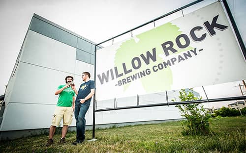 Willow Rock downtown Syracuse taproom exterior on a fall evening