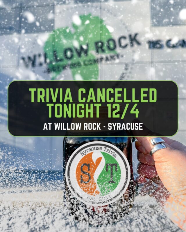 It's a snowy one out there - trivia at the Game Road location is cancelled tonight. Stay safe on the roads and we will see you next week!