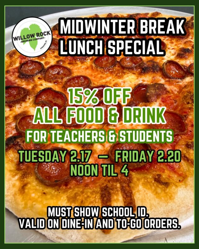 We know lots of teachers and students are enjoying their Midwinter Break this week and we want to celebrate with you! Come in for lunch this week and get 15% off your food & drink with a valid school ID.

Cicero: Tuesday 2/17 through Friday 2/20, noon til 4pm.
Syracuse: Thursday 2/19 & Friday 2/20, 3pm til 4pm.

.

#wheresyracuseeats #wheresyracusedrinks #thinknydrinkny #midwinterbreak #syracuse