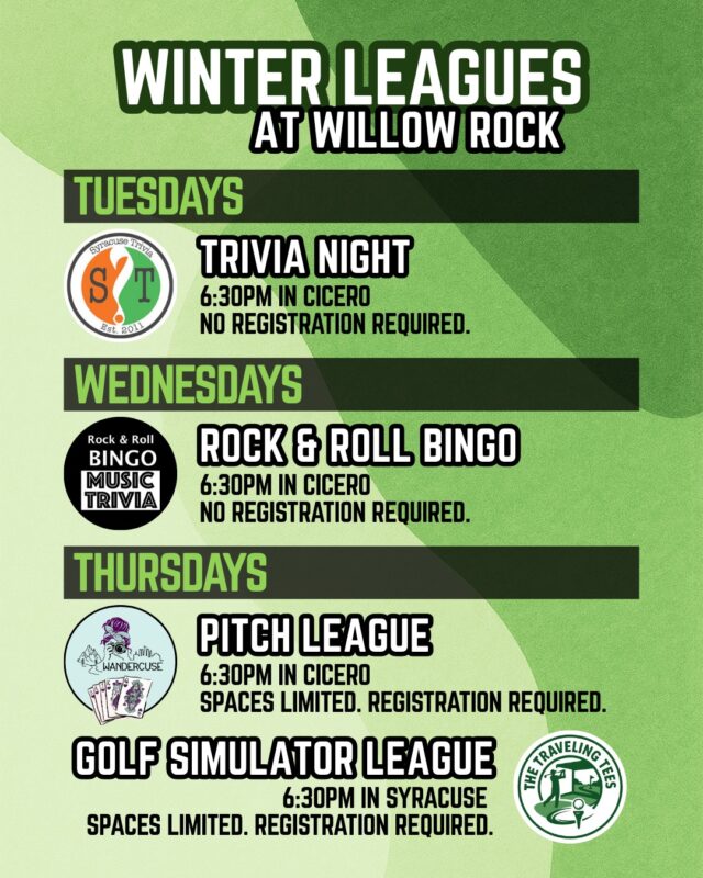 We've got a lot of exciting leagues coming up at Willow Rock throughout the winter! Check them out and discover what appeals to you the most.

TUESDAYS
⁉ Trivia with @syracusetrivia in Cicero.
New tournament begins TONIGHT 1/6 at 6:30pm.
No registration required; just show up.

WEDNESDAYS
🎶 Rock & Roll Bingo Music Trivia with @rockbingocny in Cicero.
Continues tomorrow 1/7 at 6:30pm.
No registration required; just show up.

THURSDAYS
🃏 Pitch League with @wandercuse in Cicero.
Next league begins 1/15 at 6:30pm and runs for 10 weeks.
Spaces limited. Registration required here: https://forms.gle/f1mNWESVc6LD29jg8

⛳ Golf Simulator League with The Traveling Tees in Syracuse.
League begins 1/29 with an 10-week showdown against @singlecutbarn. 
Spaces limited. Registration required here: https://checkout.square.site/merchant/MLKKXRTZ2M9E0/checkout/N2KOCU7DTA2R5D7PJT6DZGKJ