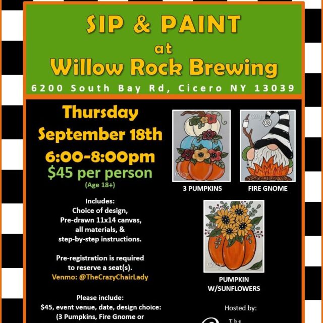 We've got 3 events coming up this week! 

Wed:  Beads by Pat: 6pm For more information and to register: https://www.facebook.com/events/2518155258548866

Thursday: @thecrazychairlady  Paint and Sip 6-8pm - For more information and to register:  https://www.facebook.com/events/3036283750011899

Live Music Saturday: 4:30pm - 7:30pm with @walkingbuddysyr