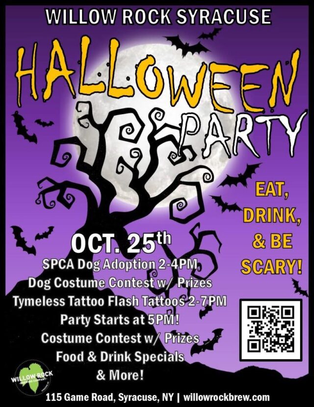 Today!! 🎃 Join us at Willow Rock Syracuse for Halloween festivities starting at 2PM! 👻 

#halloween #party #willowrockbrewingcompany #syracuse #drinklocal #tattoos #dogadoption #spca #brewery #ilovebeer #halloweenparty
