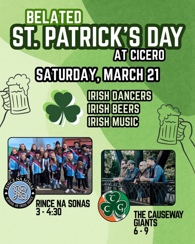 ☘️ We're celebrating St. Patrick's Day at the brewery this Saturday ☘️

We've got the girls from Rince Na Sonas School of Irish Dance performing from 3 til 4:30 (featuring Kev's daughter, Keava!)

Then The Causeway Giants perform from 6 til 9.

Plus we'll have our usual Irish beers and reubens to enjoy all day.