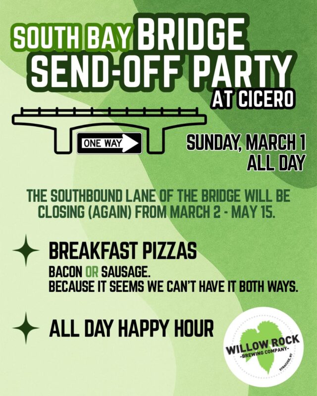 Well it was fun while it lasted 🤷🏻‍♂️ The South Bay bridge southbound lane will be closing again starting Monday, March 2 through May 15. Since we celebrated it reopening, why not celebrating it closing again?

We’re doing all day happy hour and breakfast pizzas on Sunday, March 1. And instead of our usual toppings, you have to choose bacon OR sausage. Because apparently we can’t have it both ways 😅