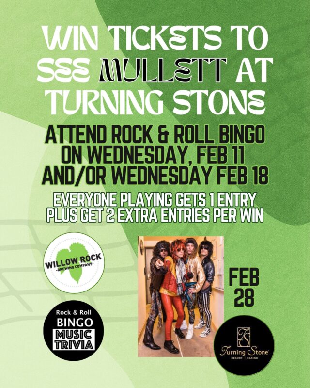 Come play @rockbingocny TONIGHT and get a chance to WIN TICKETS to see the ULTIMATE 80's Hair Band Experience @mullettrocks at The Showroom at @turningstone on February 28!

This concert is almost sold out, but you can win by playing Rock & Roll Bingo MUSIC TRIVIA this week & next! Everyone playing 2/11, 2/12, 2/18 & 2/19 instantly  is entered to win. Plus every game winner those nights will also win 2 additional entries!

Winners will be drawn on February 20th.