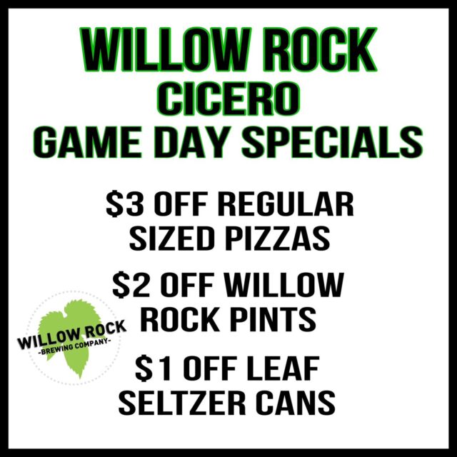 We have game day specials for SU games starting today at Willow Rock Cicero! 🏈 🍺 
•
•
•
•
***Available during home and away games. Dine in only.***

#willowrockbrewingcompany #drinklocal #craftbeer #CNY #cicero #gamedayspecials #brewery #saturdayvibes