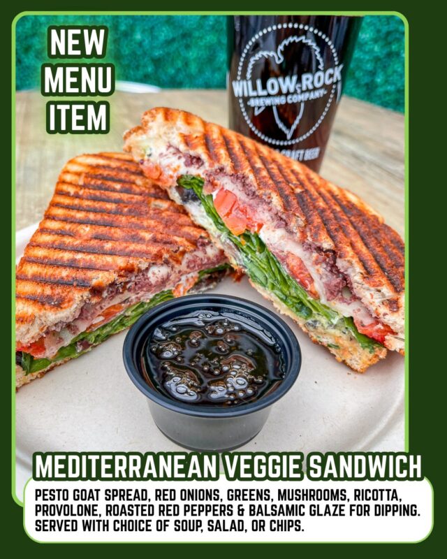 Hey veggie lovers, this one's for you...
MEDITERRANEAN VEGGIE SANDWICH
Made with a pesto goat spread, red onions, greens, mushrooms, ricotta, provolone, and roasted red peppers with a balsamic glaze for dipping. Served with your choice of soup, salad, or chips at the Cicero location only.

PS did you know we are open for lunch in Cicero?  That's right, we open every day at noon, offering you a great lunch spot to break up the workday.