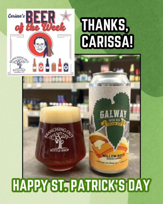 We couldn’t think of a better way to celebrate St. Patrick’s Day than by having our Galway Irish Red Cream Ale by Carissa’s Beer of the Week at @branchingoutbottleshop. Sláinte! ☘️🍻