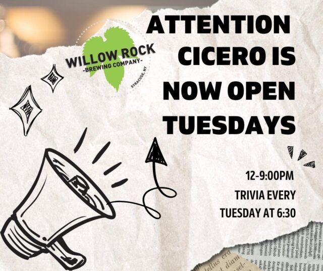 Cicero location is now open on Tuesdays! 

@syracusetrivia  will be here at 6:30 for trivia starting tonight and every Tuesday! 🍻🍻🍻
